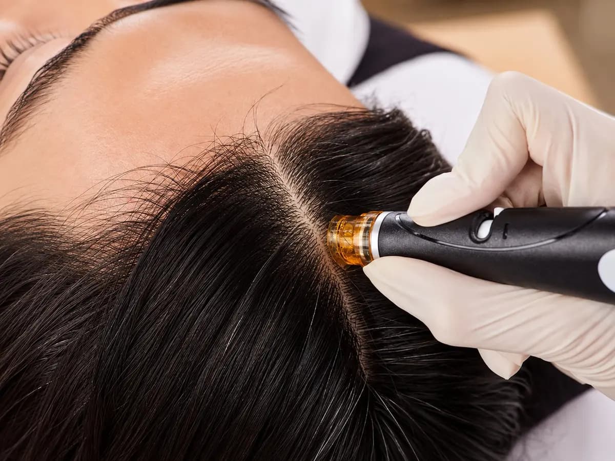 Gloved hand gliding a handheld scalp device along a woman’s centre parting